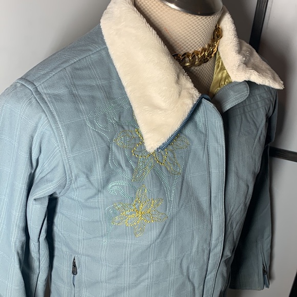 Mountain Hardwear Blue Gray Yellow Pattern Winter Fur Lining Collared Jacket - Picture 4 of 11